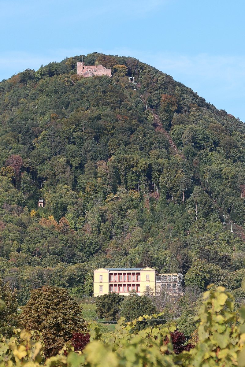 Von Rhodt aus gesehen: unten die Villa Ludwigshöhe, darüber die Sesselbahn, oben die Rietburg.